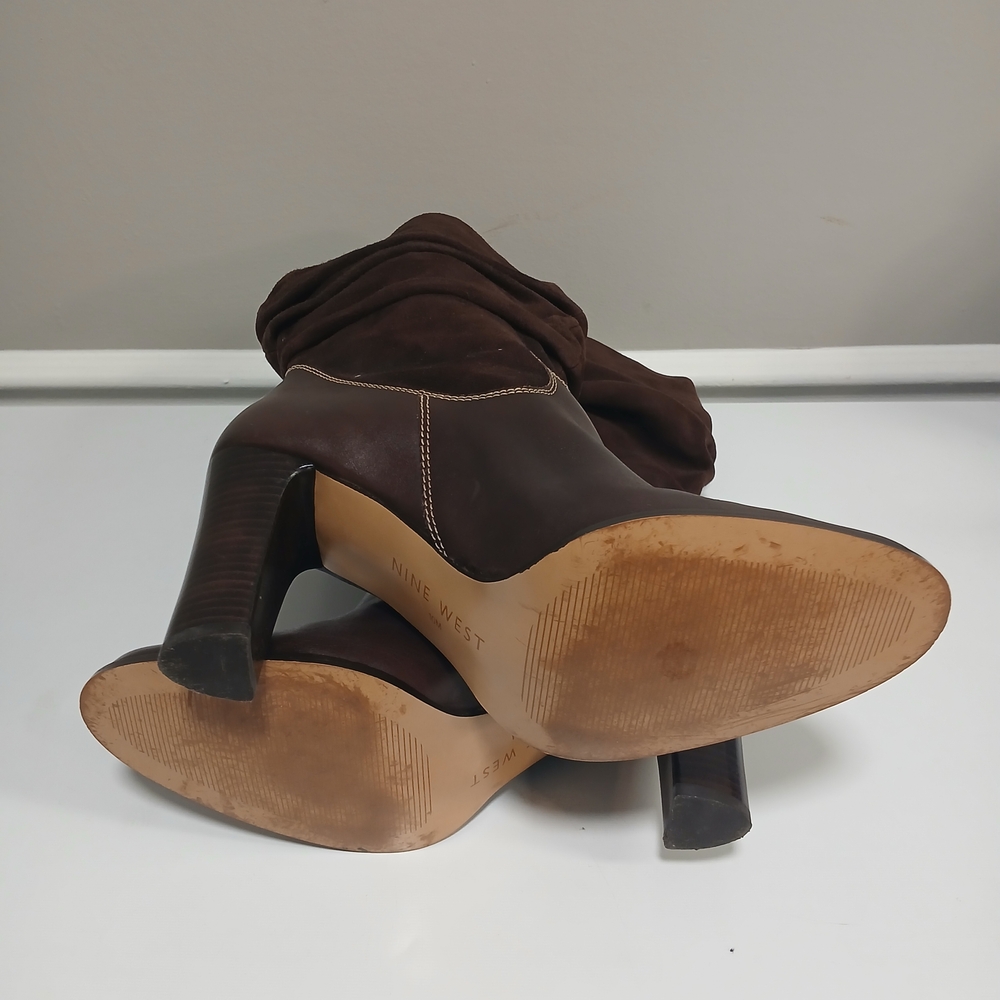 Chocolate Brown Suede & Leather Stacked Heel Mid Calf Boots 10M - Picture 4 of 12